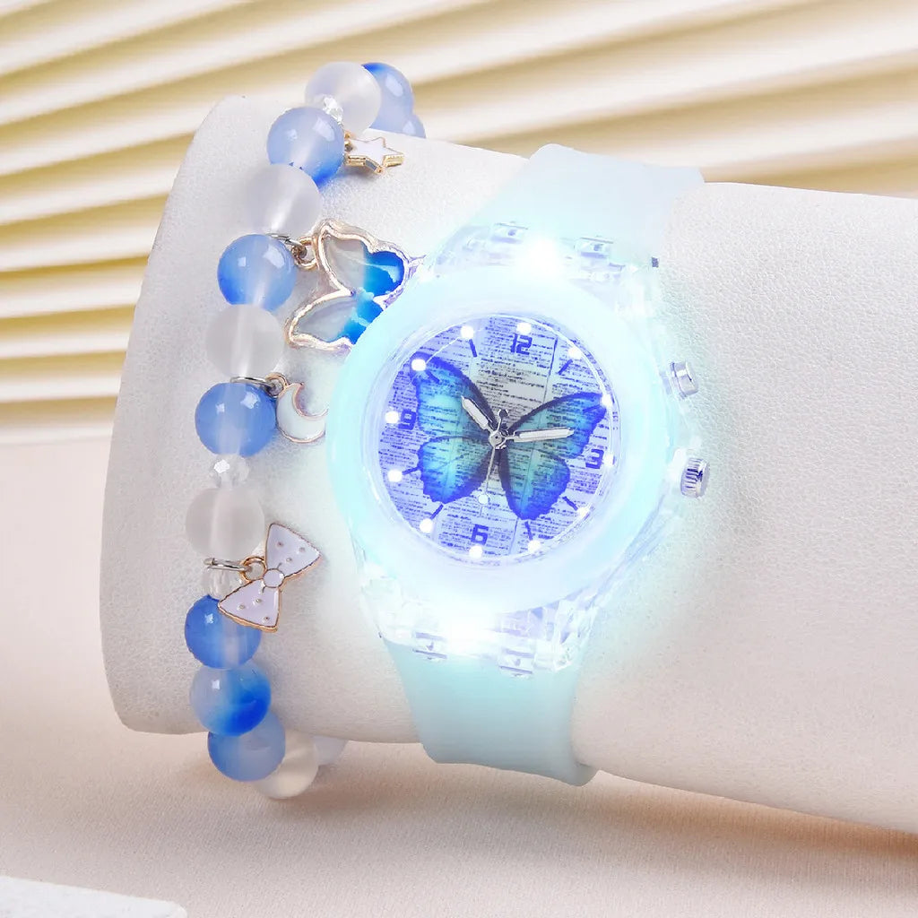 Luminoso Das Crianças Fofo Relógio Borboleta Padrão Silicone Quartzo Da Moda Conta Bracelete Conjunto