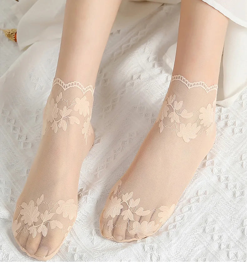 Socks women's Lace Transparent Lolita Invisible Summer Thin Non-slip Short Ankle Black Low Cut Boat Sock