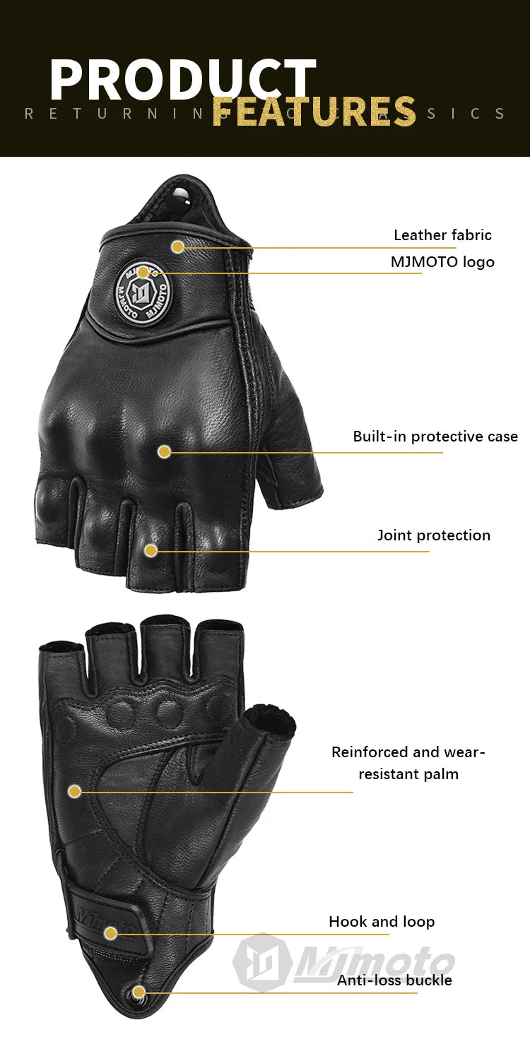 Summer Half Finger Motorcycle Gloves Retro Black Leather Motorbike Racing Gloves Motocross Moto Biker Cycling Fingerless Gloves