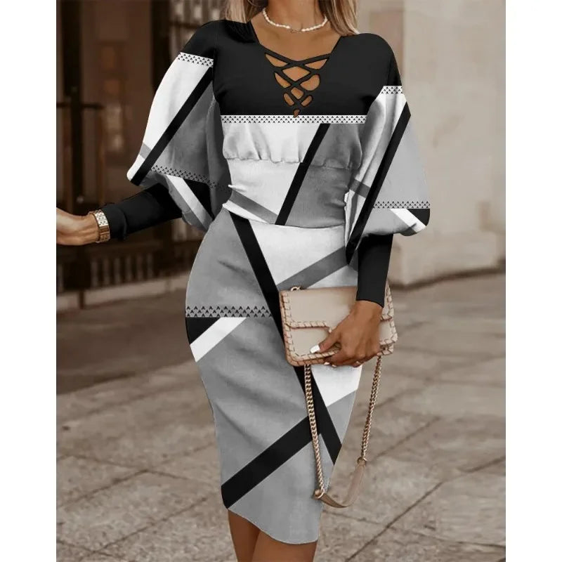 Women's Spring/autumn Fashionable Printed Dress V-Neck Band Waist Pack Hip Dress Leisure Elegant Long Sleeve Dress