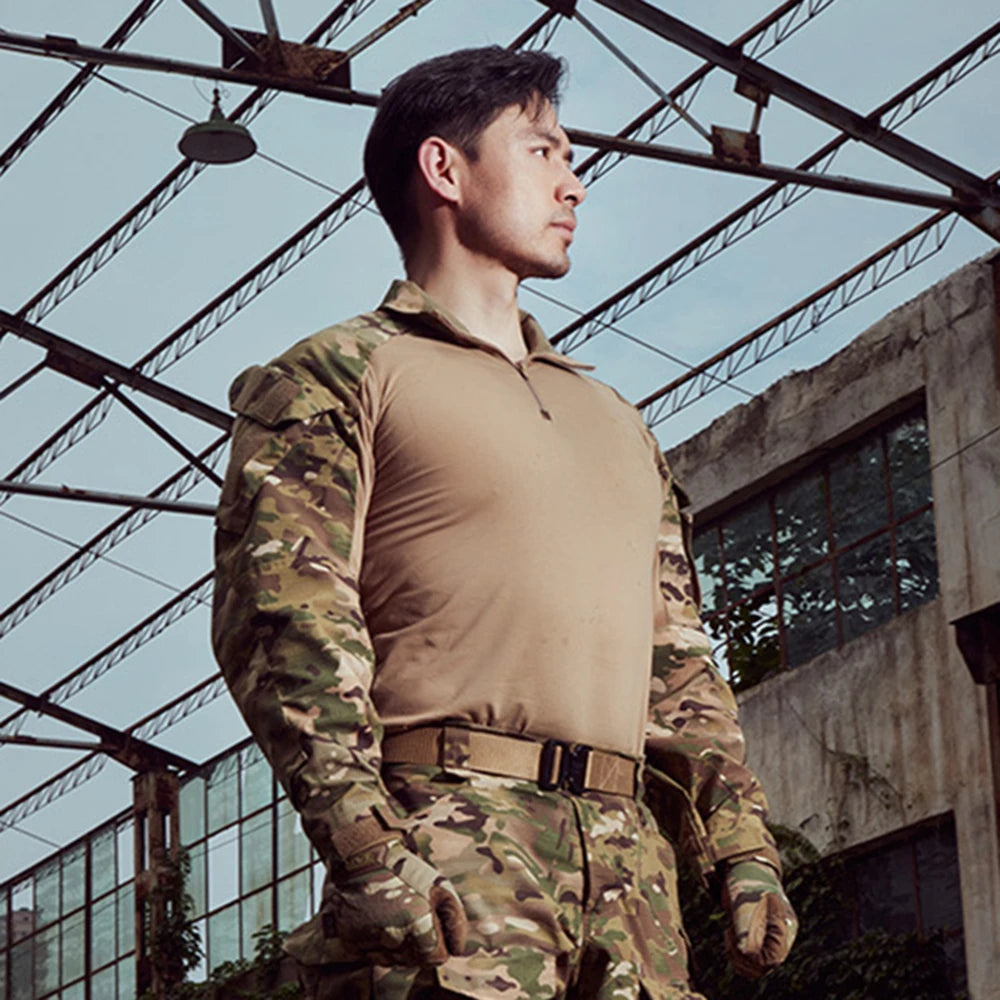 Men Camouflage Uniform Combat Shirt Outdoor Tactical Long Sleeve Shirt Paintball Camping Hunting Clothing