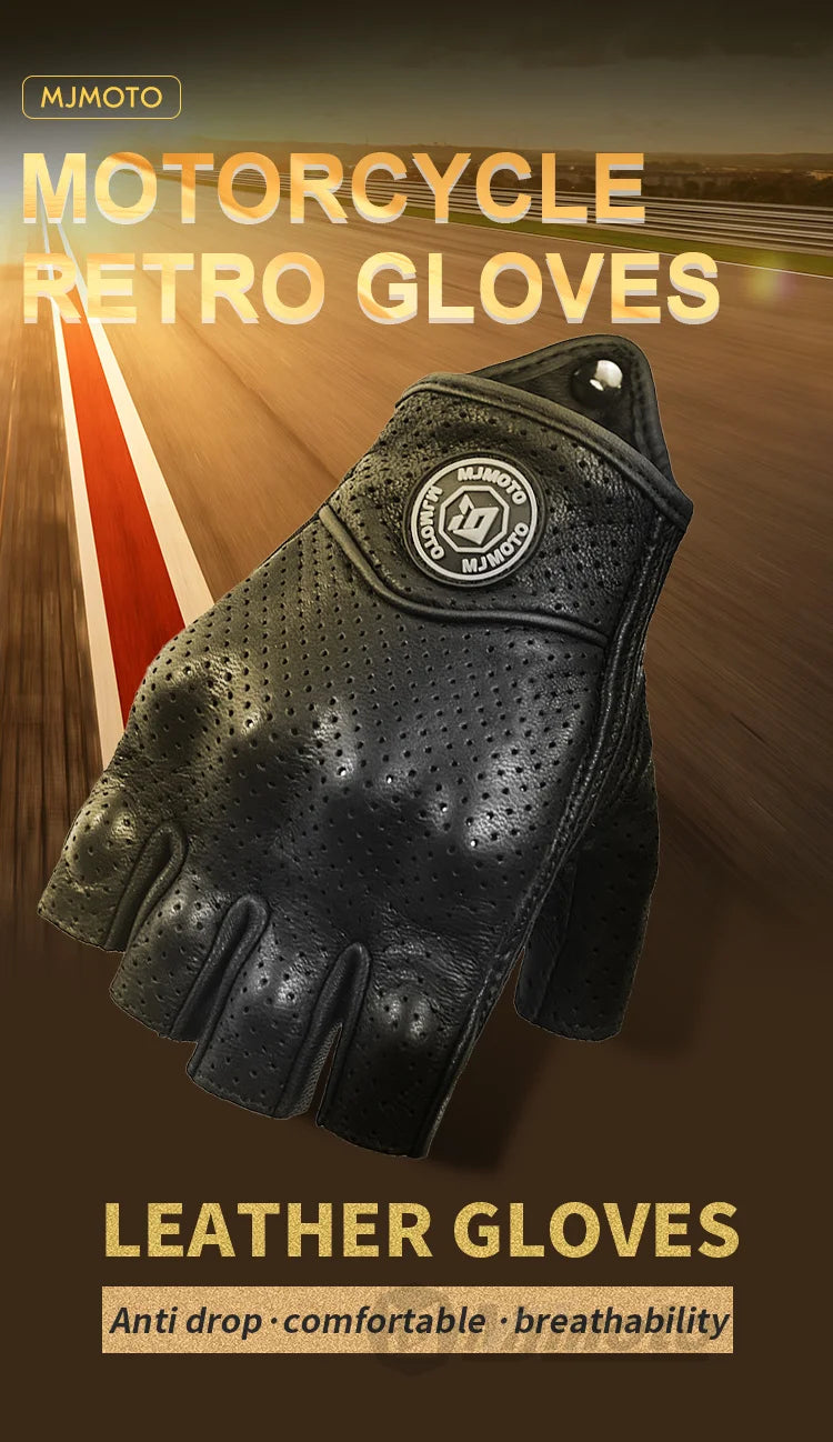 Summer Half Finger Motorcycle Gloves Retro Black Leather Motorbike Racing Gloves Motocross Moto Biker Cycling Fingerless Gloves