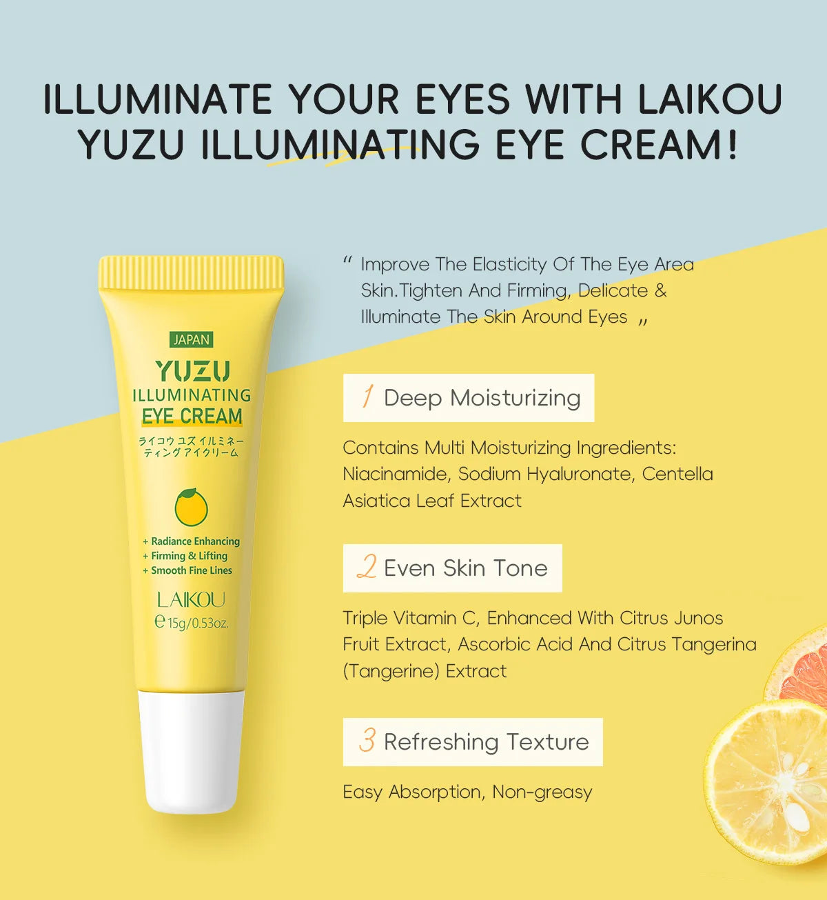 LAIKOU YUZU Eye Cream Anti Dark Circle Eye Bags Whitening Cream Wrinkle Removal Serum Eyes Firming Skin Care Beauty Health 15g