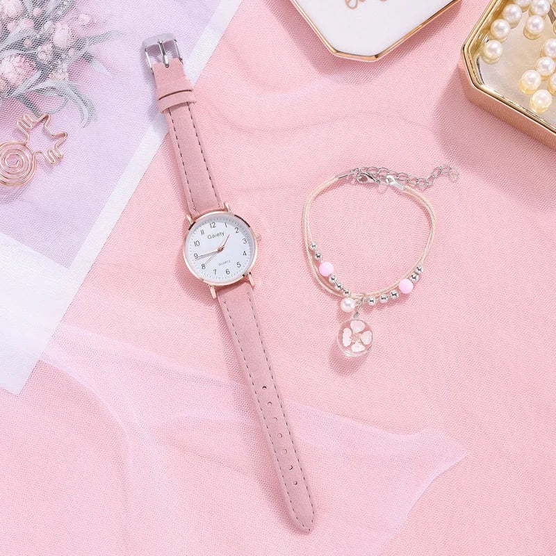 Women's Fashion Simple Glow Leather Watch Strap Quartz Watches Free Two Piece Bracelet Set No Box