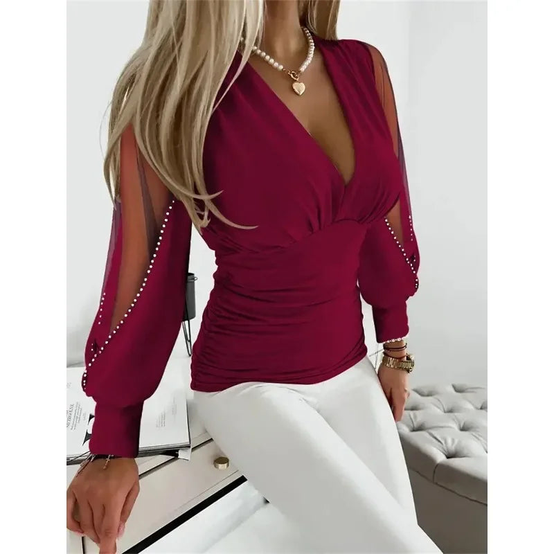 Women'sAutumn Commuter Fashion V-neck Simple Long Sleeved Shirt Solid Color Tie Waist Shirt Leisure Holiday Women's Shirt