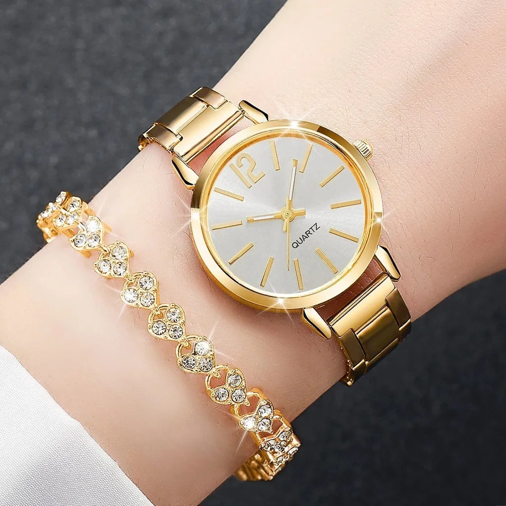 Kegllect 6PCS Ladies Small Dial Watch Diamond Encrusted Bracelet Set Three Colors Steel Belt Watches Exquisite Round WristWatch