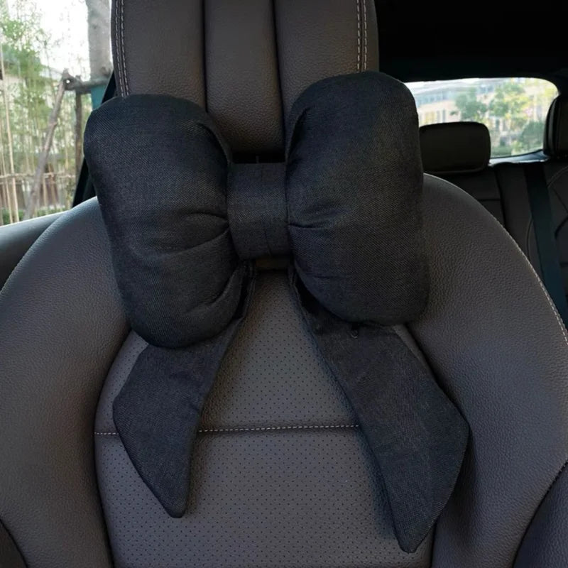 Fashion car headrest with bows cotton and linen pillow suitable for plaid's road trips and cute interior decorations