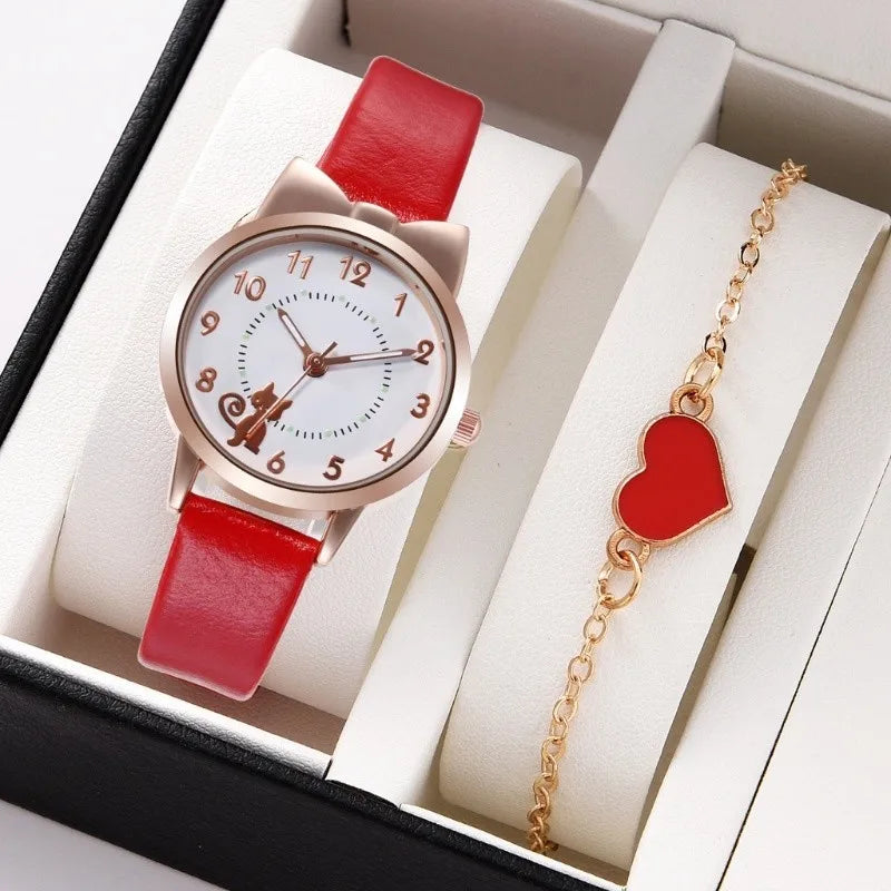 Fashion Women's Quartz Watch PU Leather Strap Student Cute Cartoon Girl WatchesJewlery Set NO BOX