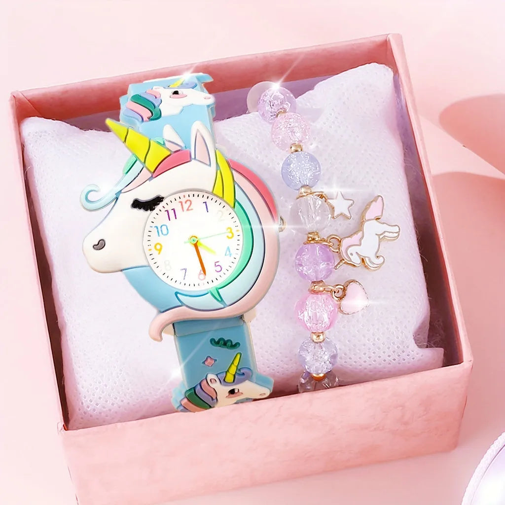 【Watch+Bracelet】Kegllect New Children's Cartoon Pattern Unicorn Silicone Bead Bracelet Set Student