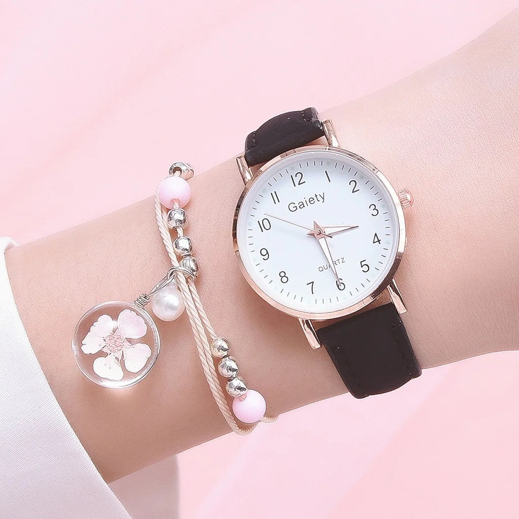 Women's Fashion Simple Glow Leather Watch Strap Quartz Watches Free Two Piece Bracelet Set No Box