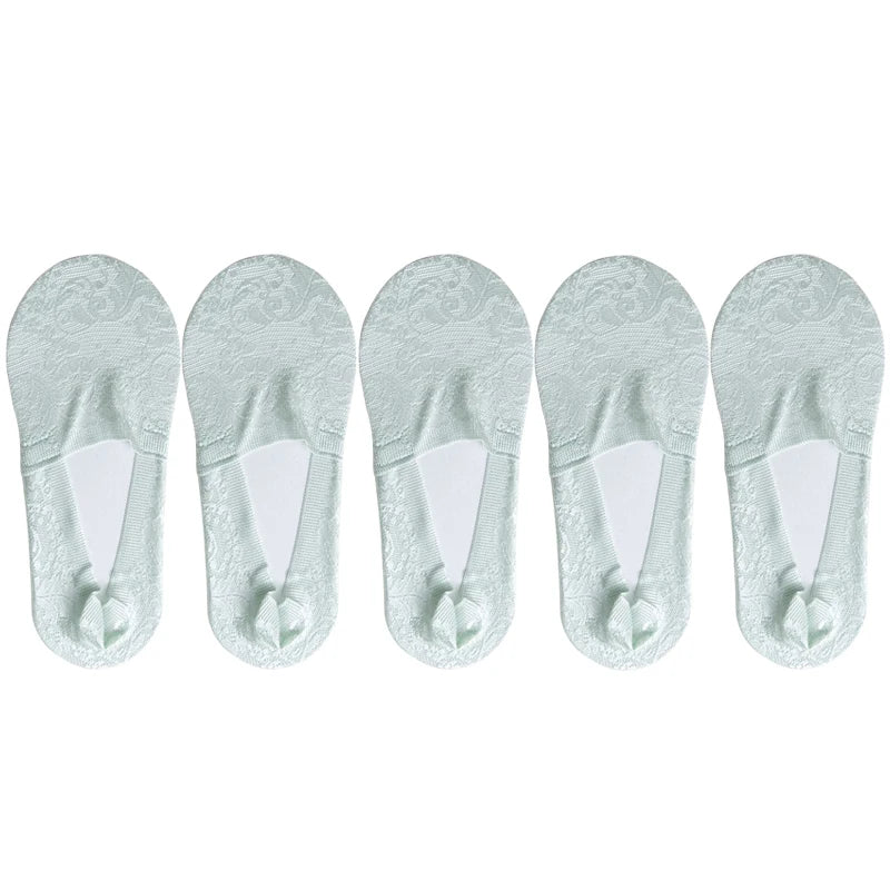 5 Pairs/Lot Socks Women's Fashion Lace Flower Summer Invisible Short No-Show Foot Ankle Set Antiskid White Boat Sock