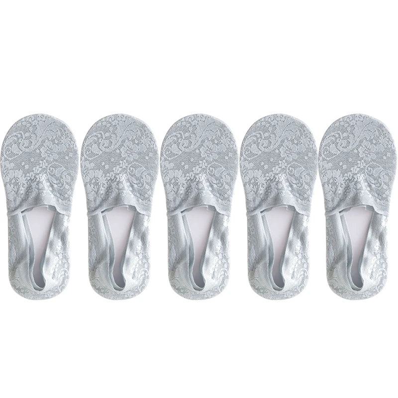 5 Pairs/Lot Socks Women's Fashion Lace Flower Summer Invisible Short No-Show Foot Ankle Set Antiskid White Boat Sock