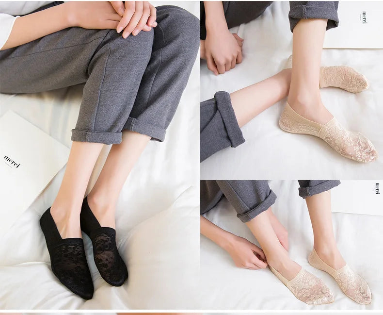 5 Pairs/Lot Socks Women's Fashion Lace Flower Summer Invisible Short No-Show Foot Ankle Set Antiskid White Boat Sock