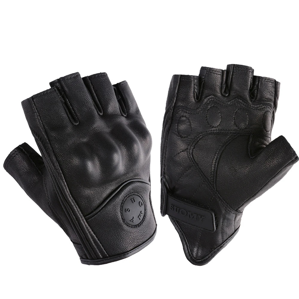 Summer Half Finger Motorcycle Gloves Retro Black Leather Perforated Motorbike Motocross Fingerless Gloves Men Women Riding Glove
