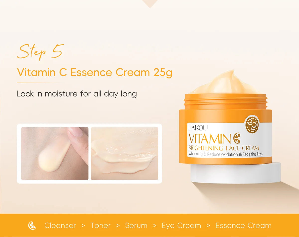 LAIKOU 5pcs Vitamin C Skin Care Set Deep Cleansing Facial Cleanser Face Cream Moisturizer Toner Eye Serum Gift Box Skin Care