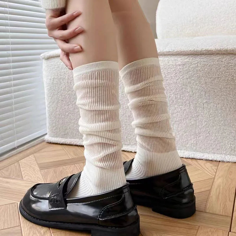 Women's Summer And Autumn Thin Mid Iength Socks Are Comfortable And Breathable Solid Color Simple Vertical Stripe Socks Trend