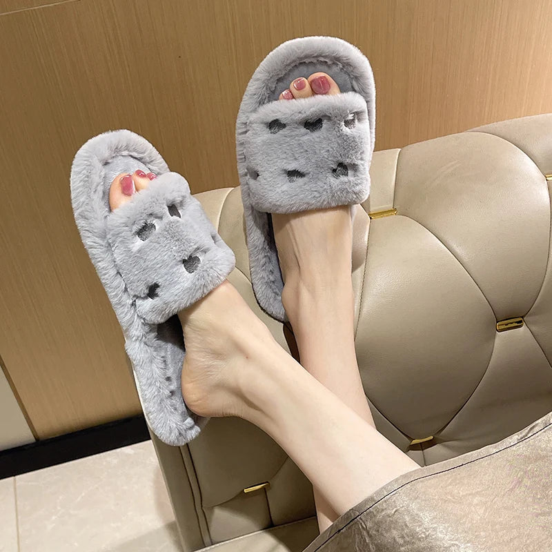 Fur Women Slippers Winter New Fashion Plush Shallow Mouth Indoor Outdoor Flip-flop Casual Bedroom Solid Color Slides Flat Shoes