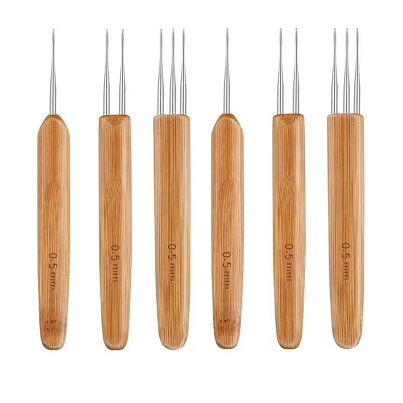 6 pieces 0.5/0.75MM needle crochet hooks set Bamboo handle hair braiding tools dreadlocks hair crocheting needles set