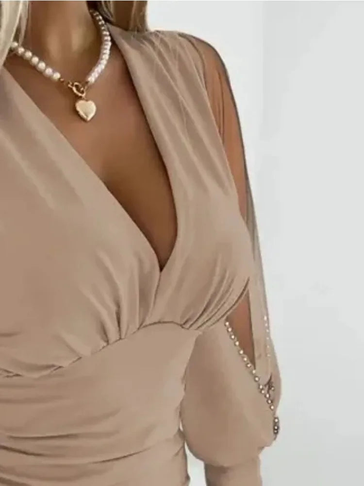 Women'sAutumn Commuter Fashion V-neck Simple Long Sleeved Shirt Solid Color Tie Waist Shirt Leisure Holiday Women's Shirt