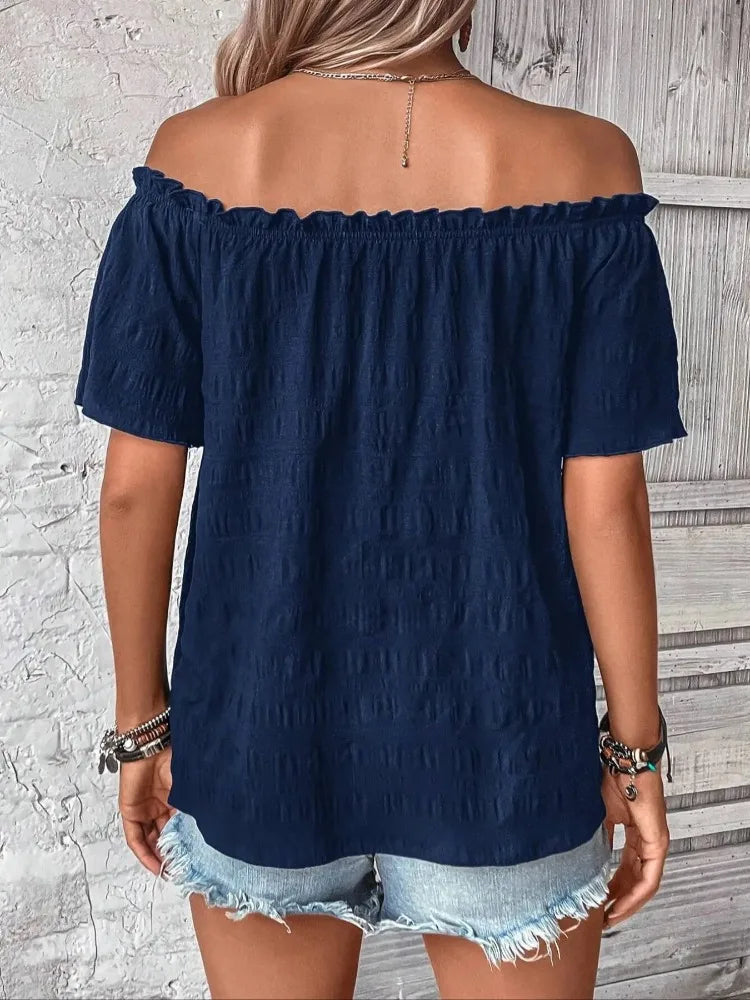 Women's Fashion Off The Shoulder Shirt Casual Pleated One Shoulder Short Sleeve Shirt Versatile Solid Color Shirt