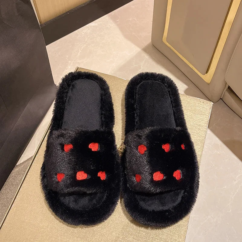 Fur Women Slippers Winter New Fashion Plush Shallow Mouth Indoor Outdoor Flip-flop Casual Bedroom Solid Color Slides Flat Shoes