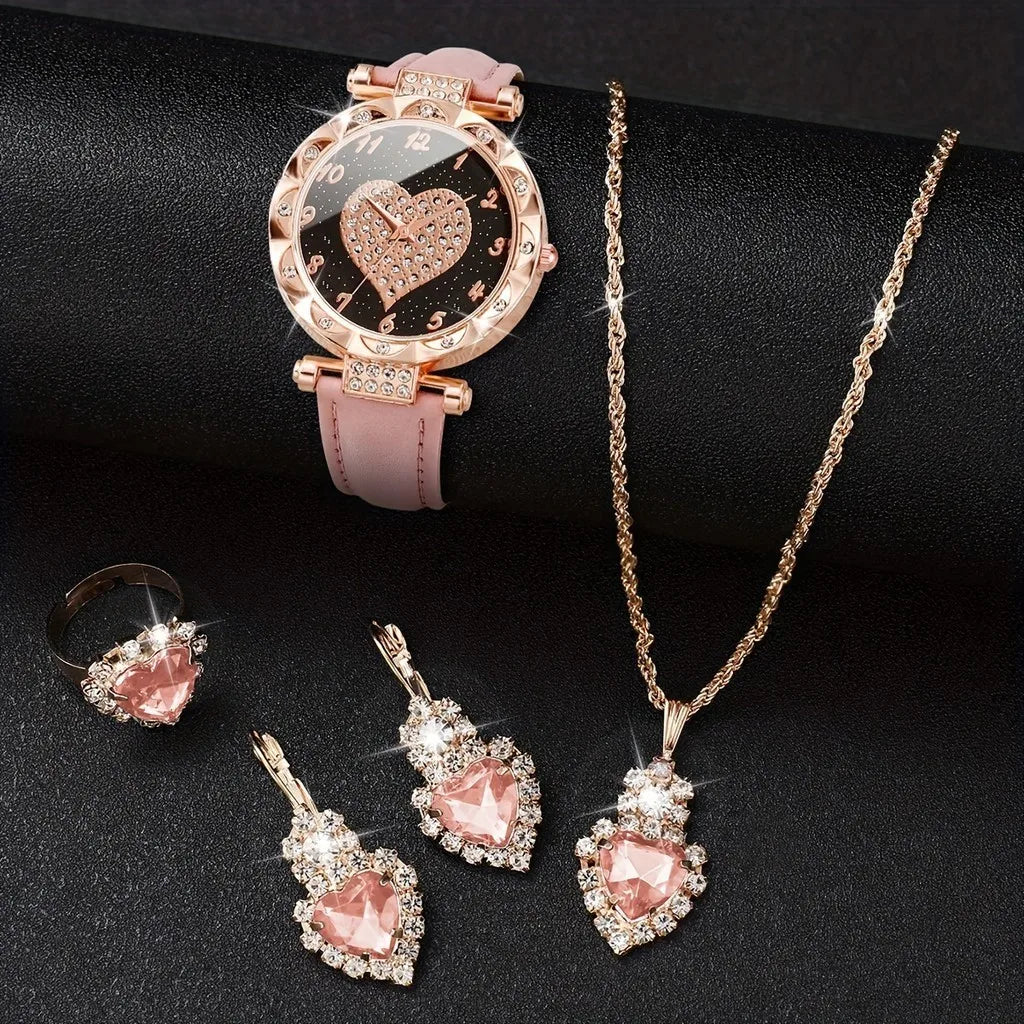 Kegllect 5PCS Women Quartz Watch Set for Gift Heart Shaped Rhinestone Accessories Mother Her