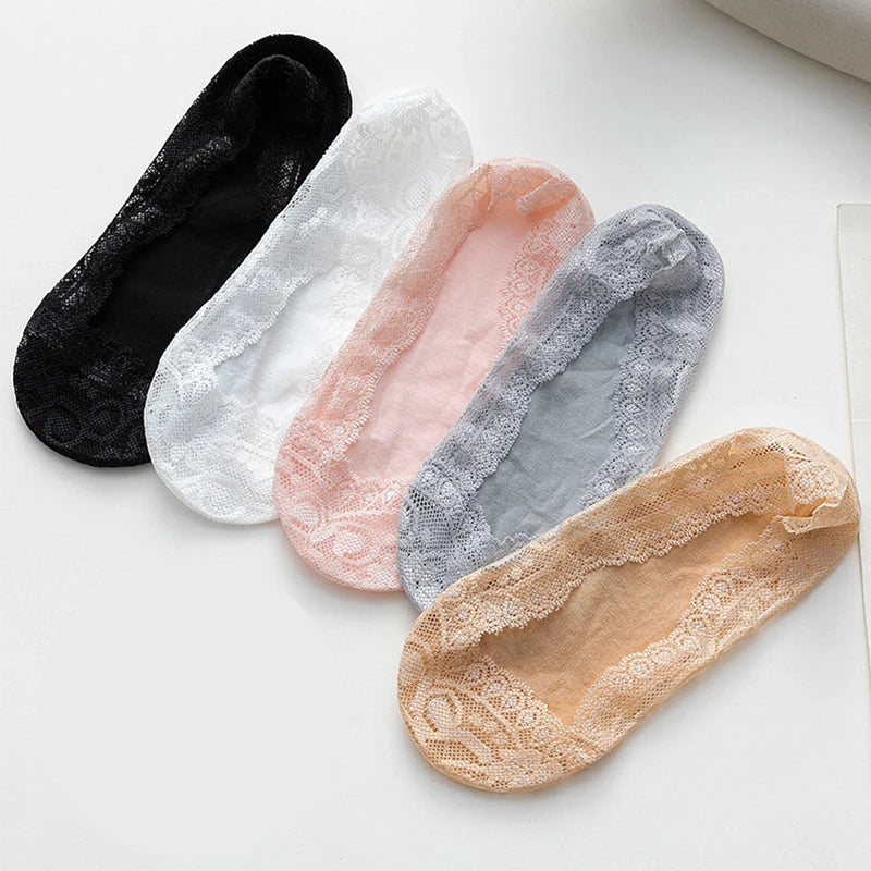 Socks For Women Summer Thin Fashion Lace Flower Invisible No Show Short Antiskid Ankle Socks Soft Boat Sock 5 Pairs