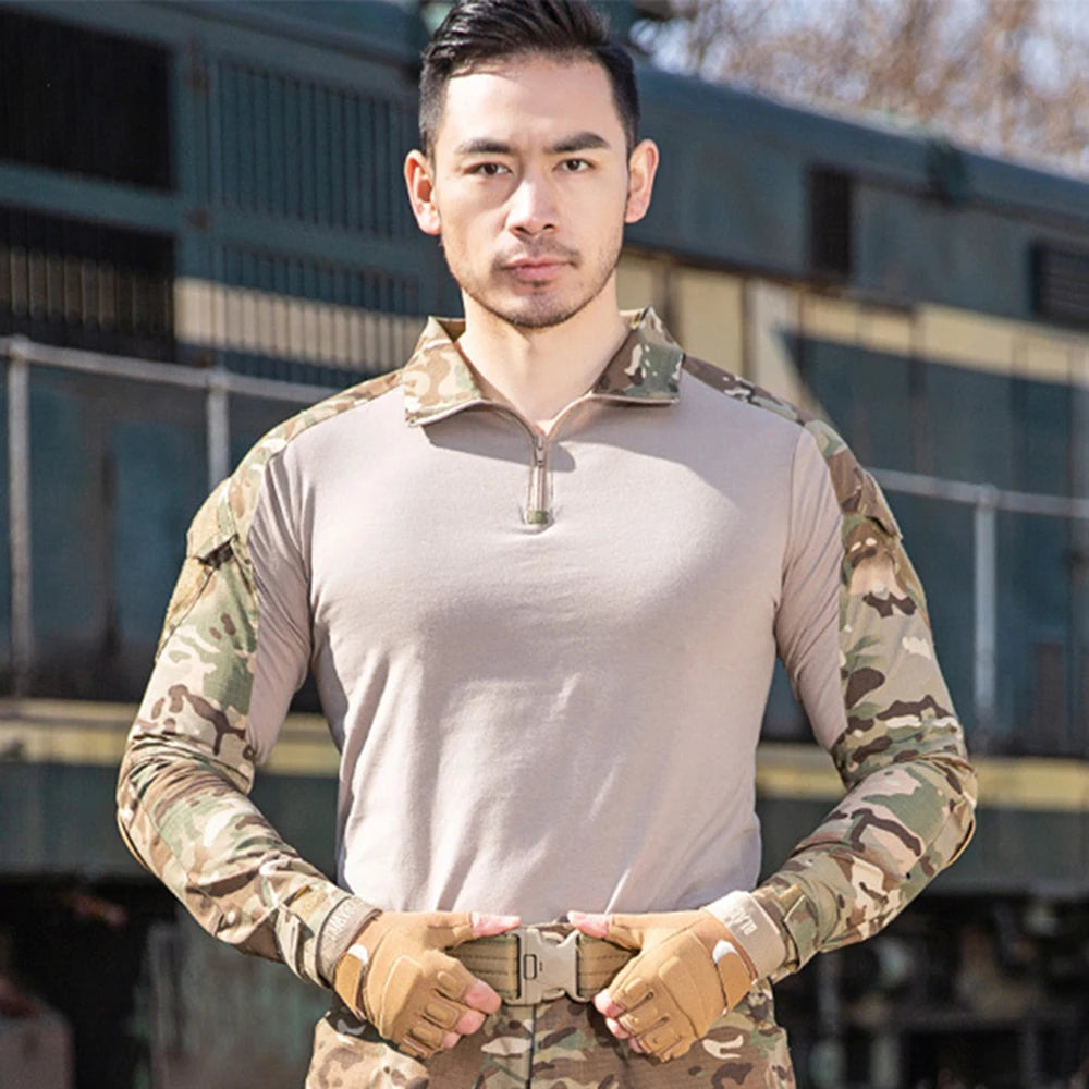 Outdoor Tactical Hiking T-Shirts Men Combat Camouflage Long Sleeve Hunting Training Climbing Shirt Cotton Sport Clothes