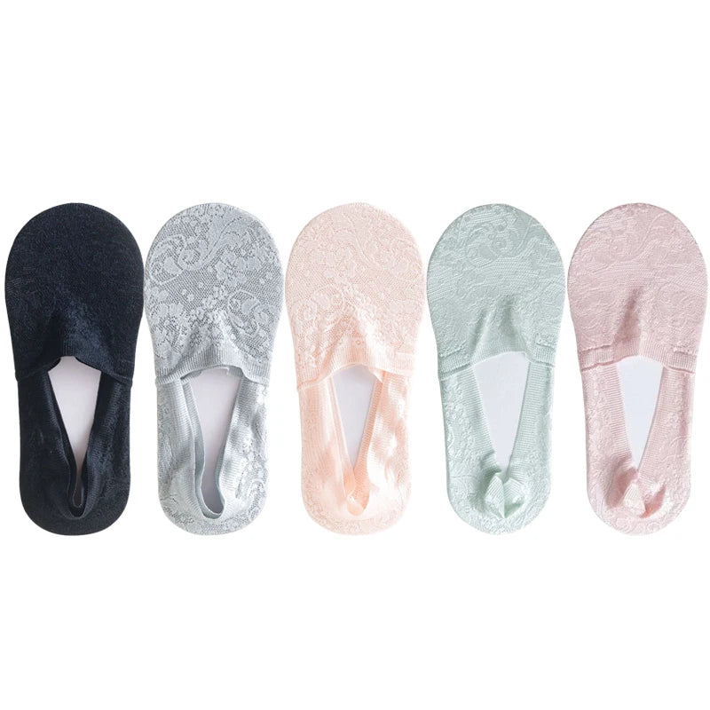 5 Pairs/Lot Socks Women's Fashion Lace Flower Summer Invisible Short No-Show Foot Ankle Set Antiskid White Boat Sock