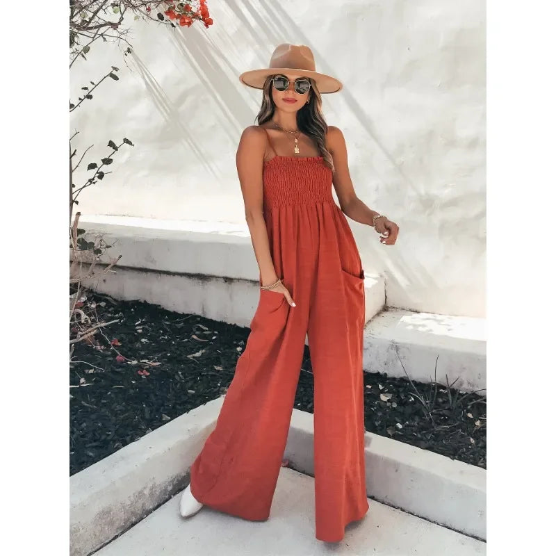 New Fashionable European and American Spring/summer Sexy Camisole Loose Casual Jumpsuit INS Vacation Wide Leg Jumpsuit