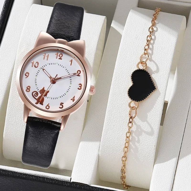 Fashion Women's Quartz Watch PU Leather Strap Student Cute Cartoon Girl WatchesJewlery Set NO BOX