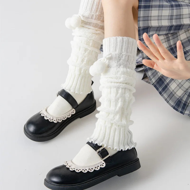Japanese Style Winter Warm Socks Lolita Warm Leg Knitted Socks Wool Ball Knitted Foot Covers Leg Warmers With Balls For Women