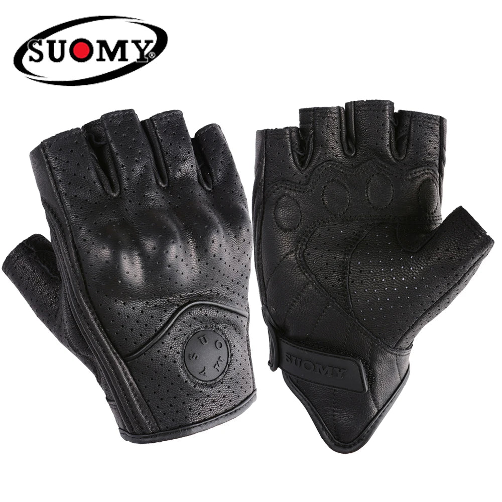 Summer Half Finger Motorcycle Gloves Retro Black Leather Perforated Motorbike Motocross Fingerless Gloves Men Women Riding Glove