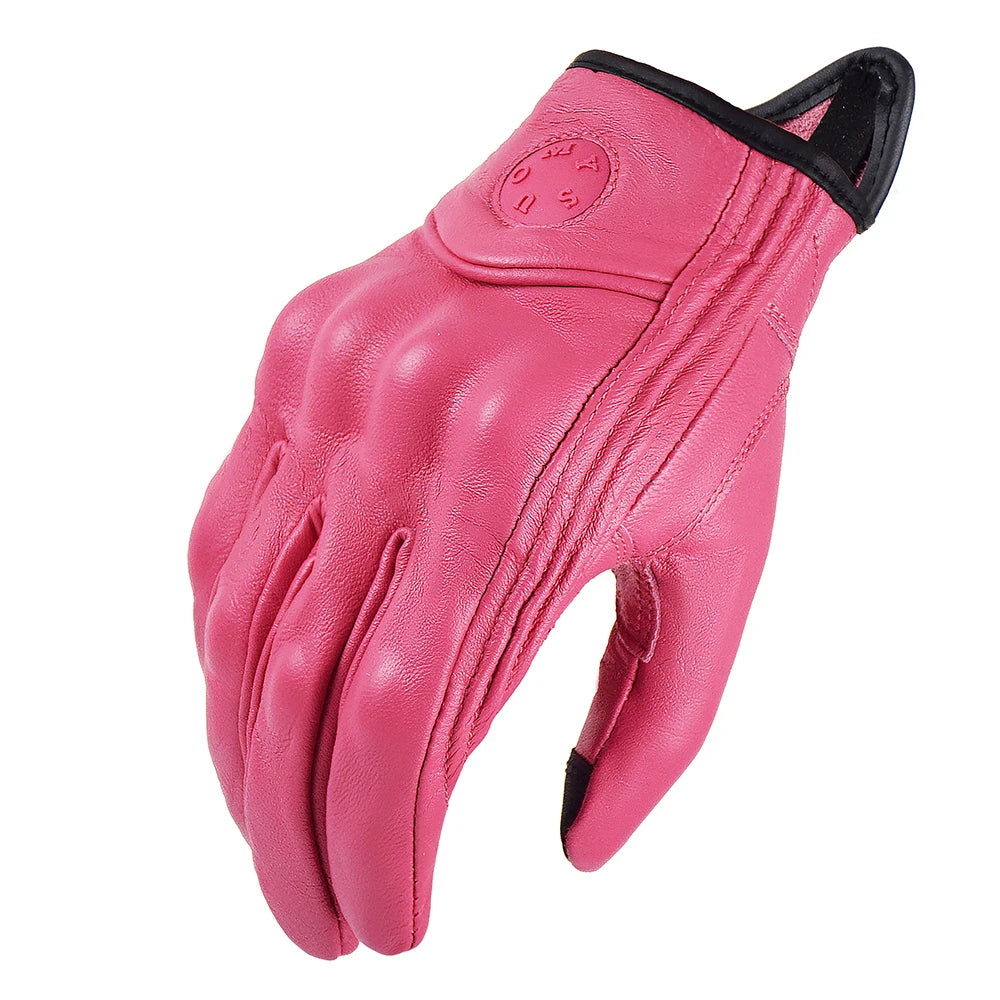 SUOMY Lady Pink Leather Motorcycle Gloves Genuine Leather Perforated Women Motorbike Riding Gloves Touch Screen Moto Guantes