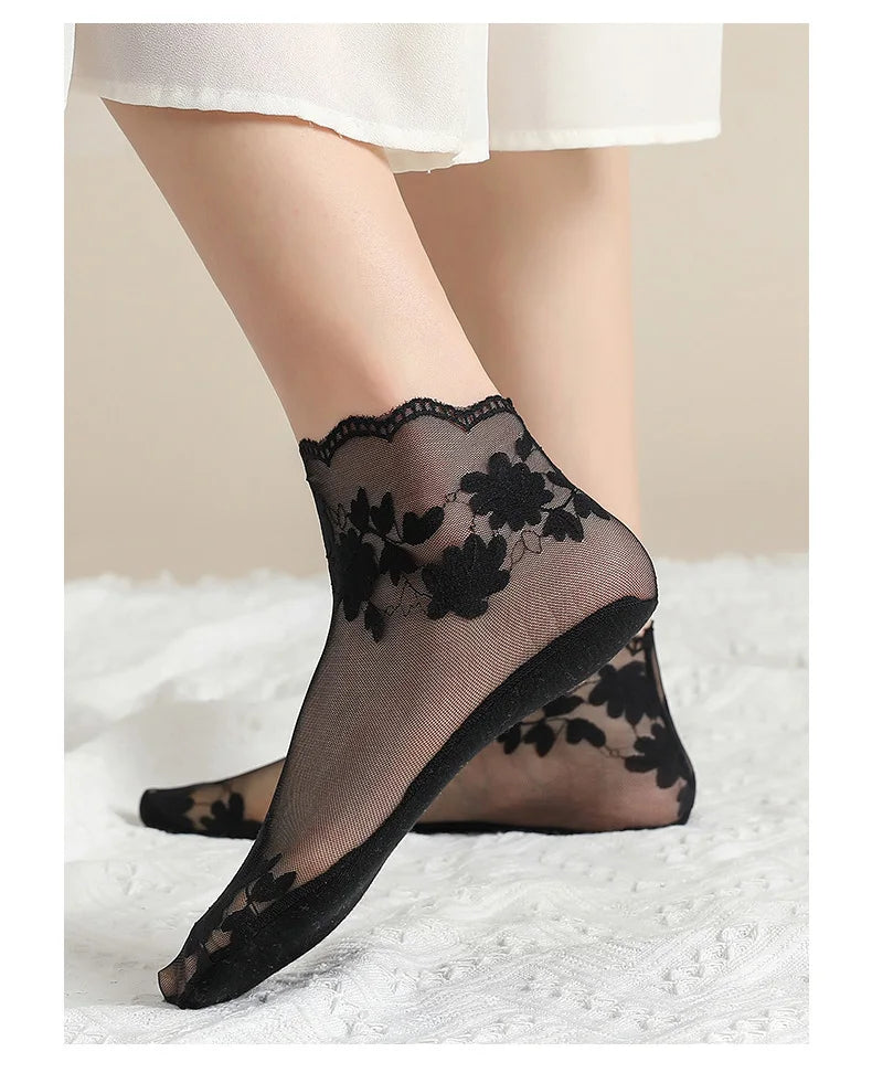 Socks women's Lace Transparent Lolita Invisible Summer Thin Non-slip Short Ankle Black Low Cut Boat Sock