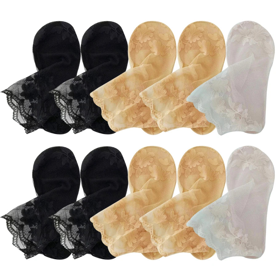 5 Pairs Summer Women Transparent Lace Bottom Short Socks Flower Soft Comfortable Sweat Absorbing Breathable Casual Ankle Socks