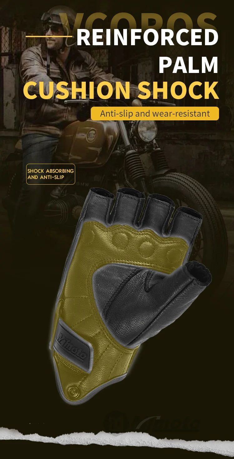 Summer Half Finger Motorcycle Gloves Retro Black Leather Motorbike Racing Gloves Motocross Moto Biker Cycling Fingerless Gloves