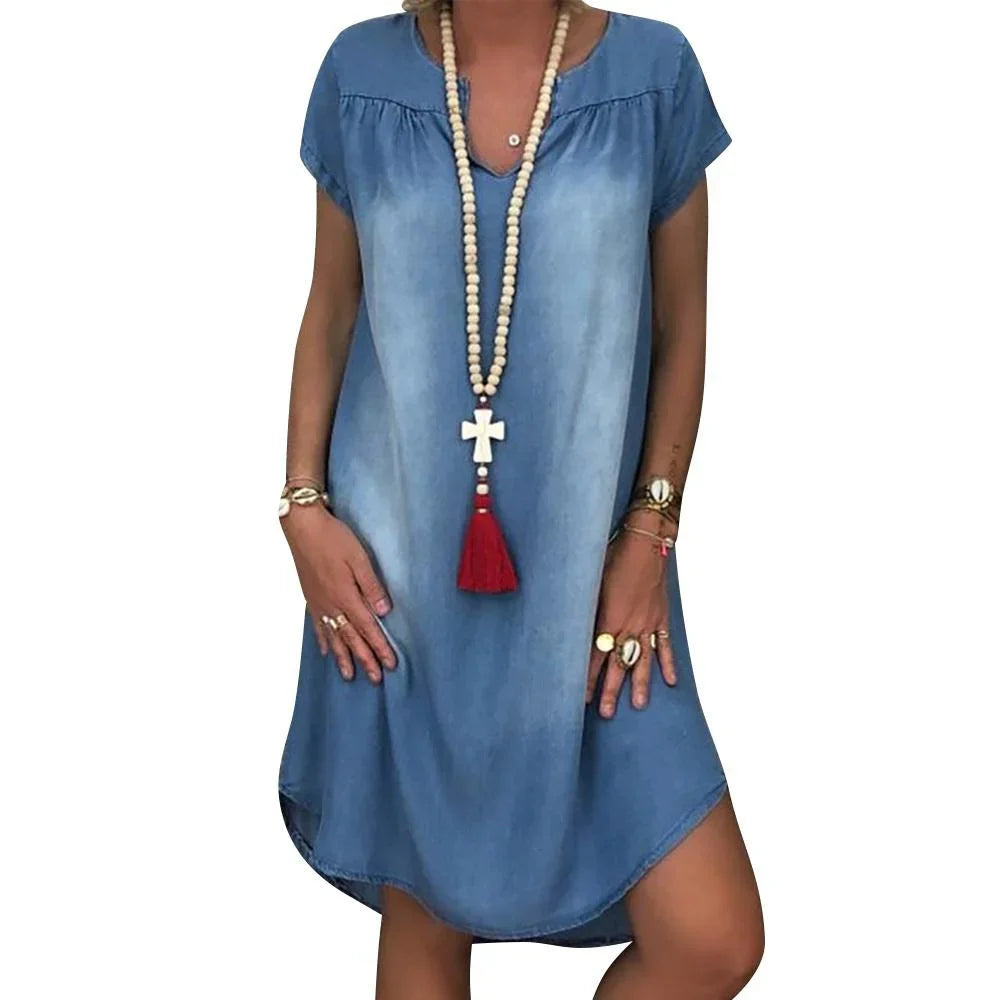 Denim Dress Plus Size 1XL-5XL Women's New Fashion Casual Solid V Neck Long Party Loose Short Sleeve Swing Summer Dress