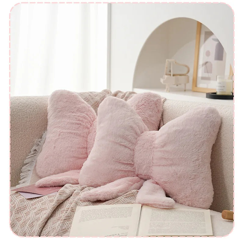 Pink bow ribbon couch pillow imitation rabbit fur comfortable car seat cushion ins style simple all-match back cushion