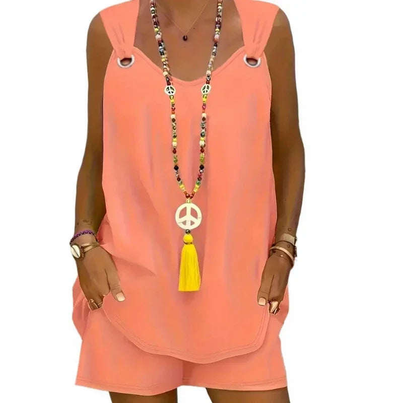 Plus Size 1XL-5XL Women's Solid Chic Casual Two-Piece Set Comfortable Crew Neck Tank Top Grommet Eyelet Detail & Trendy Shorts