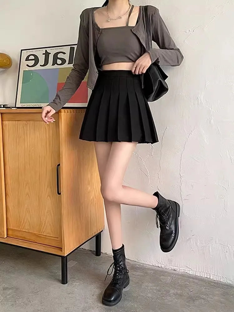Pleated skirtwomen's half length skirt new high waist slimming belt with lining student outfit short skirt college style