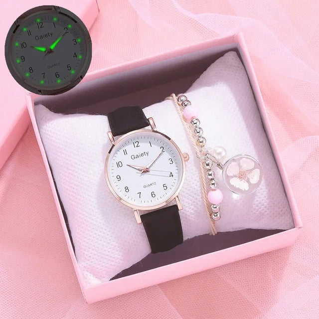 Women's Fashion Simple Glow Leather Watch Strap Quartz Watches Free Two Piece Bracelet Set No Box