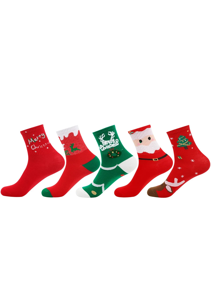 5 Pairs Cartoon Christmas Socks Merry Christmas Gifts Xmas Happy New Year Supplies Snowman Elk Socks Women