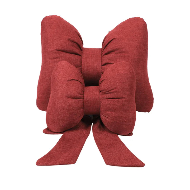 Fashion car headrest with bows cotton and linen pillow suitable for plaid's road trips and cute interior decorations