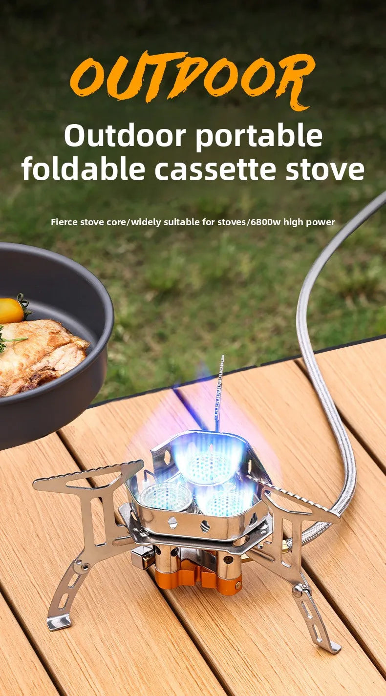 Outdoor three-head stove camping portable folding cassette stove mini gas camping windproof fierce fire stove