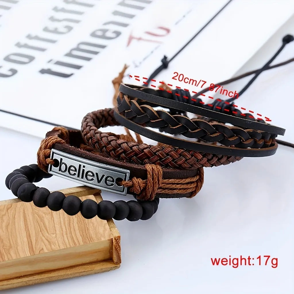 Kegllect Business Men's Watch Vintage Round Pointer Quartz es PU Leather Wrist & Braided Bracelet Gift for Men