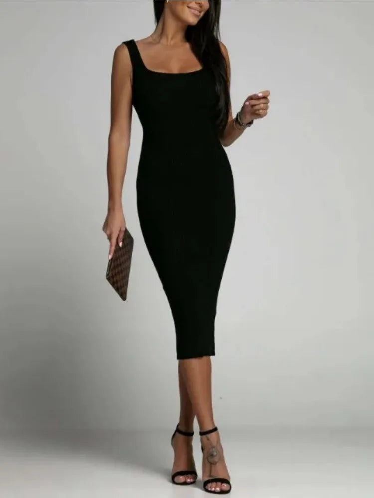 Summer Women's Square Neck Commuter Dress Sleeveless Open Back Slim Fit Wrapped Hip Dress Versatile Solid Color Casual Dress