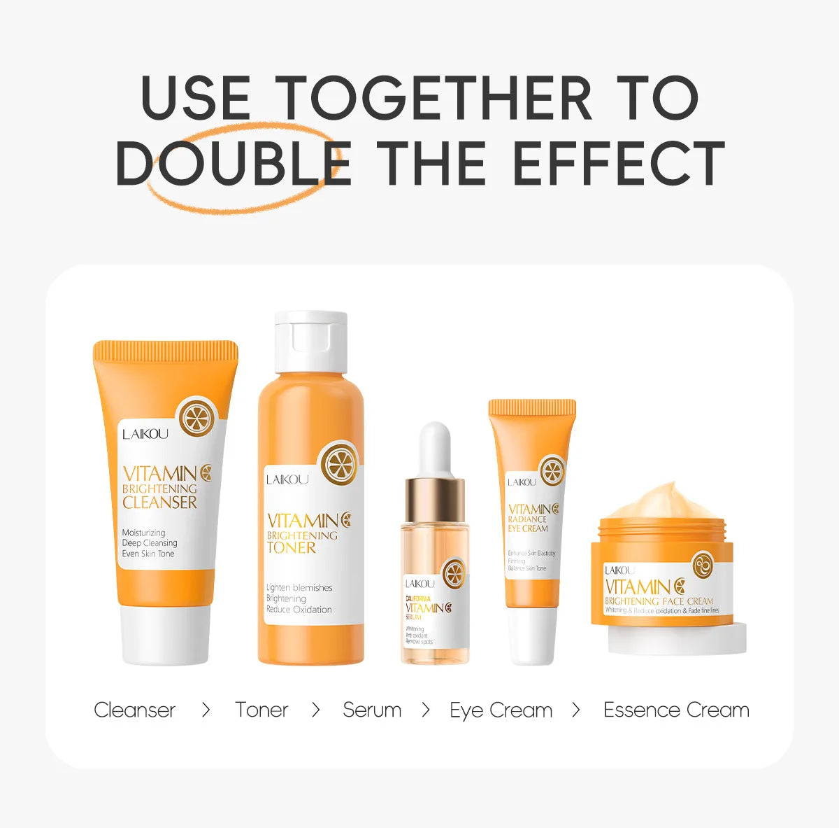 LAIKOU 5pcs Vitamin C Skin Care Set Deep Cleansing Facial Cleanser Face Cream Moisturizer Toner Eye Serum Gift Box Skin Care