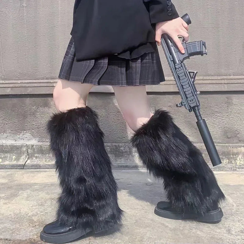 Women's Artificial Fur Leg Warmers Japanese Lolita Autumn And Winter Black And White Knitted Socks Leg Warmers For Women
