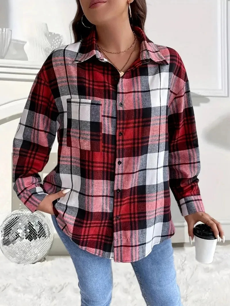 Women's Spring and Summer Plus Size 1XL-5XL Checkered Printed Shoulder Top Women's Long Sleeved Casual Shirt
